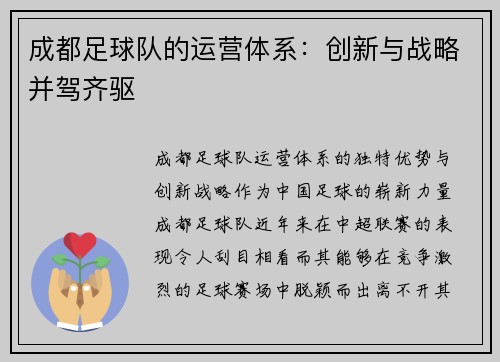 成都足球队的运营体系：创新与战略并驾齐驱