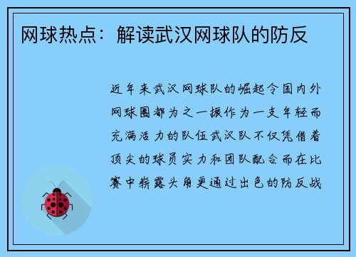 网球热点：解读武汉网球队的防反