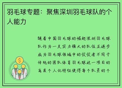 羽毛球专题：聚焦深圳羽毛球队的个人能力
