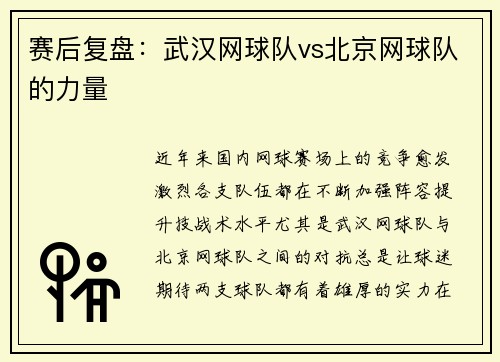 赛后复盘：武汉网球队vs北京网球队的力量
