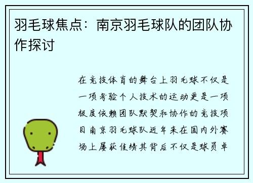 羽毛球焦点：南京羽毛球队的团队协作探讨