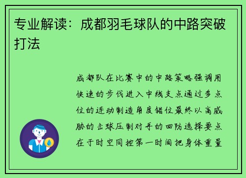专业解读：成都羽毛球队的中路突破打法